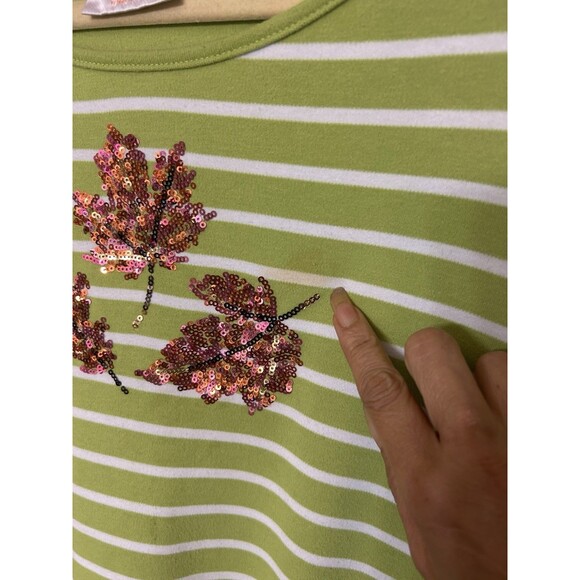 Quacker Factory  Womens 2X Leaves Fall Sequin Striped Green Tunic Top - Picture 8 of 8